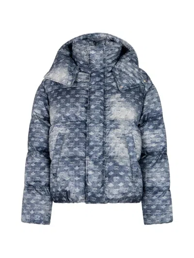 Dsquared2 Patterned Hooded Polyester Down Jacket In Blue