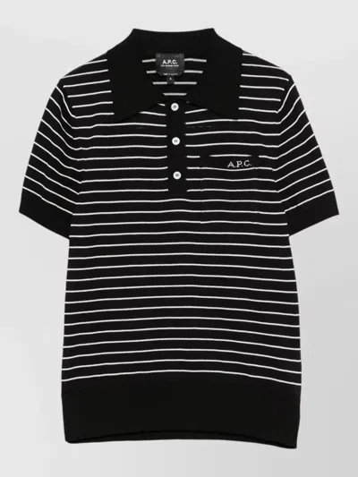 A.p.c. A. P.c. Striped Cotton Polo Shirt With Logo Front Pocket In Black