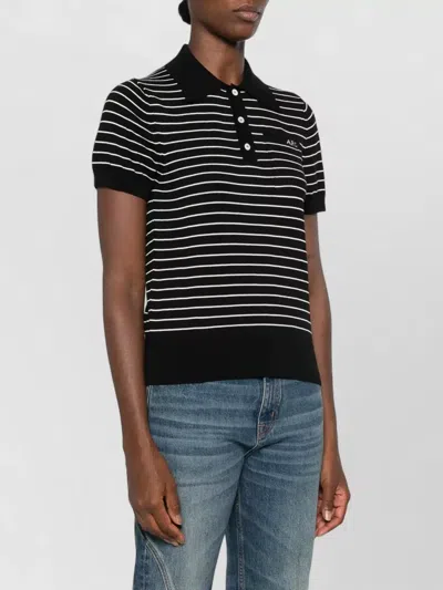 A.p.c. A. P.c. Striped Cotton Polo Shirt With Logo Front Pocket In Black