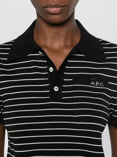 A.p.c. A. P.c. Striped Cotton Polo Shirt With Logo Front Pocket In Black