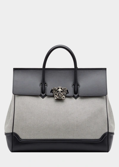 Versace Palazzo Leather And Canvas Bag In Gray
