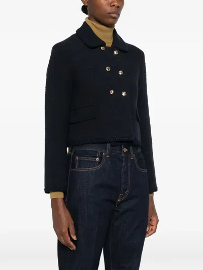 Maje Double-breasted Cropped Blazer In Blau