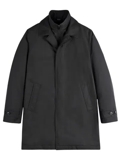 Fay Minimalist Black Morning Coat With Concealed Closure And Quilted Interior In Black