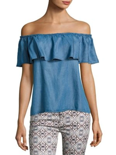 7 For All Mankind Off-the-shoulder Ruffle Denim Top In Pacific Blue Sky