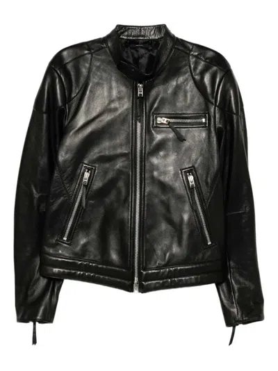 Tom Ford Leather Biker Jacket Stand Collar Zips In Black