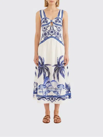 Farm Rio Fitted Linen Long Dress With Wonderful City Print And Striped Shoulder Straps In White