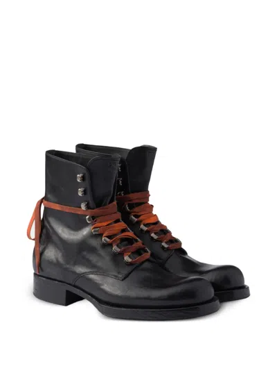 Prada Leather Laced Booties In Black