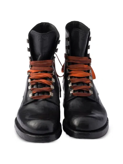 Prada Leather Laced Booties In Black