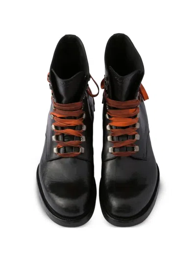 Prada Leather Laced Booties In Black