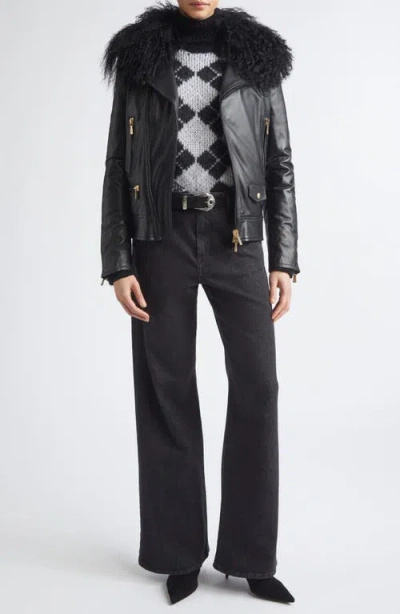 Eleventy Genuine Shearling Collar Leather Biker Jacket In Multi