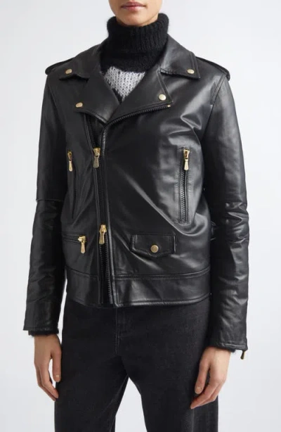 Eleventy Genuine Shearling Collar Leather Biker Jacket In Multi