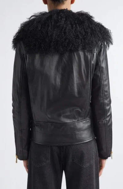 Eleventy Genuine Shearling Collar Leather Biker Jacket In Multi