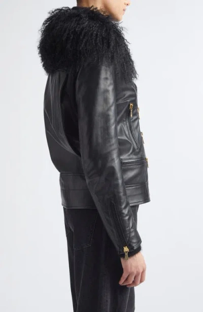 Eleventy Genuine Shearling Collar Leather Biker Jacket In Multi