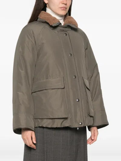 Brunello Cucinelli Shearling-collar Press-stud Jacket In Green