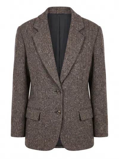 Brunello Cucinelli Herringbone-pattern Single-breasted Blazer In Brown