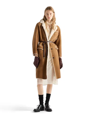 Prada Shearling Coat In Camel/natural