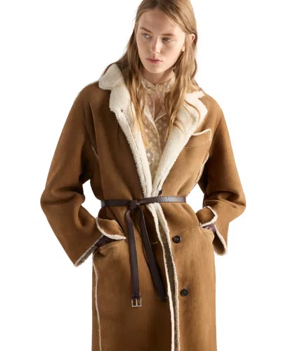 Prada Shearling Coat In Camel/natural