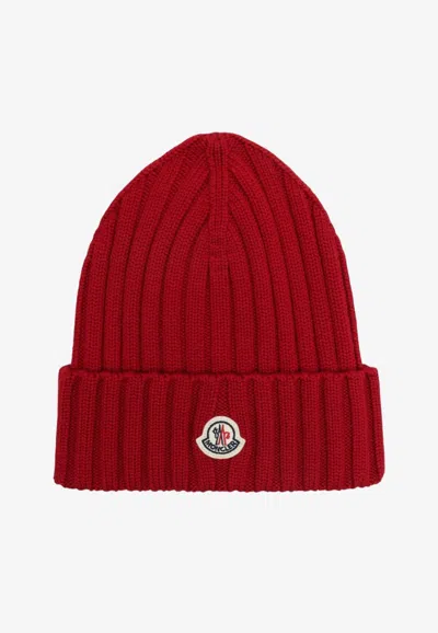Moncler Cable-knit Wool Beanie With Logo In Burgundy In Red
