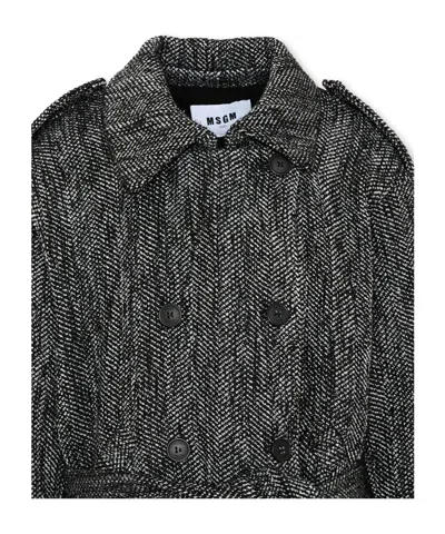 Msgm Herringbone-pattern Double-breasted Coat In Gray