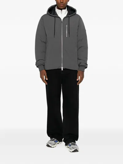 Moose Knuckles Drawstring-hooded Logo-patch Jacket In Gray
