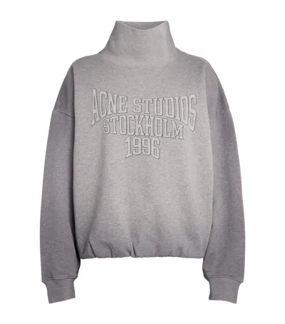 Acne Studios Brushed Cotton Fleece Funnel Neck Logo Sweatshirt With Balloon Hem In Grey