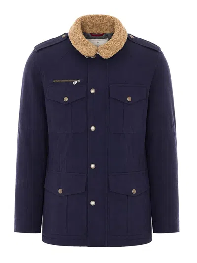 Brunello Cucinelli Shearling-collar Multi-pocket Jacket In Blue