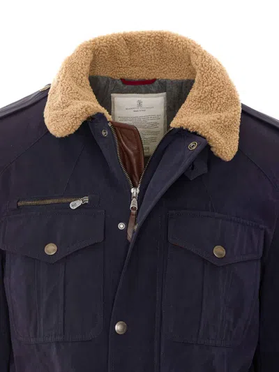 Brunello Cucinelli Shearling-collar Multi-pocket Jacket In Blue