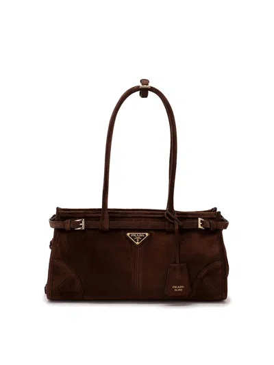 Prada Suede Shoulder Handbag With Adjustable Strap In Brown