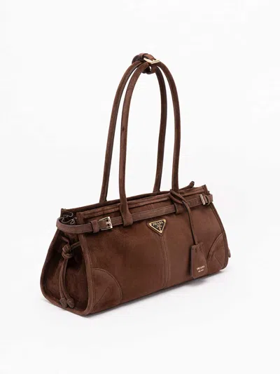 Prada Suede Shoulder Handbag With Adjustable Strap In Brown