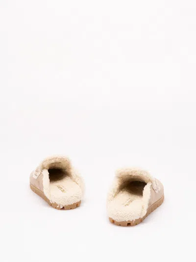 Prada Suede And Shearling Mules In Neutral