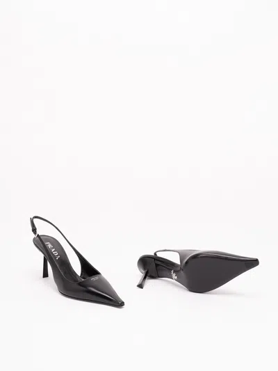 Prada Brushed Leather Slingback Pumps In Black