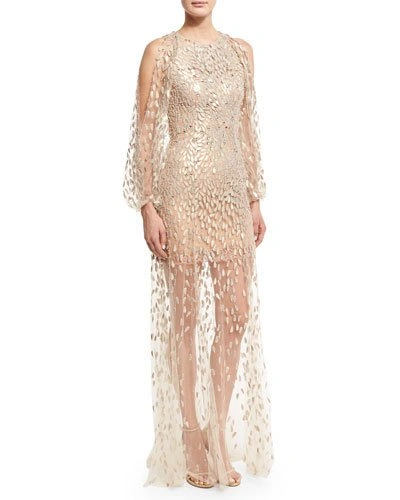 Jenny Packham Sequined-petal Illusion Tulle Gown, White/gold In Light Pink