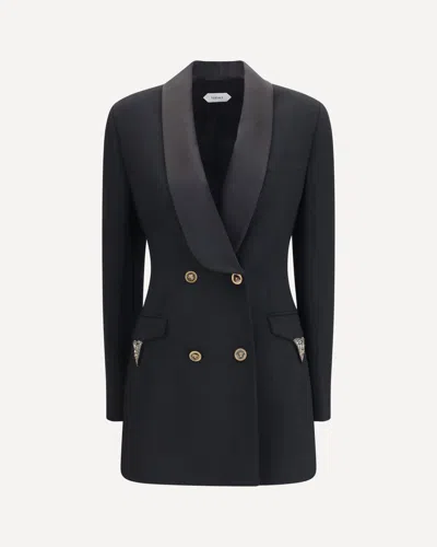 Versace Satin Trim Stretch Wool Jacket Minidress In Black