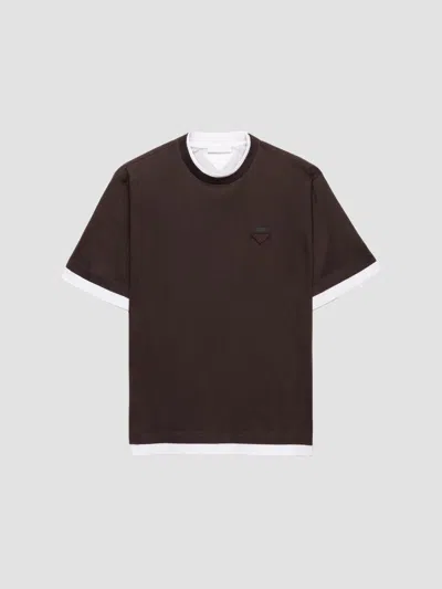 Prada Layered Cotton Jersey T-shirt In Brown
