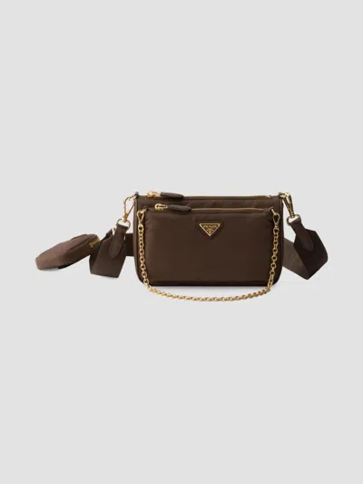 Prada Re-nylon And Saffiano Leather Mini Shoulder Bag In Dark Brown