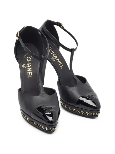 Pre-owned Chanel T-strap Platform Pumps In Black