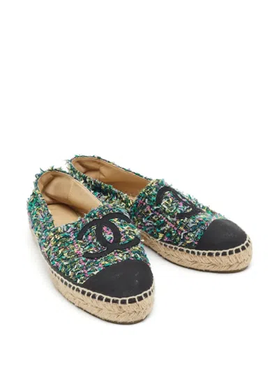 Pre-owned Chanel Interlocking Cc Tweed Espadrilles In Black