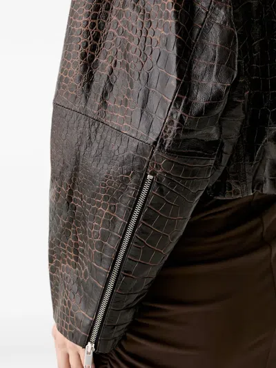 Gestuz Croc-effect Leather Jacket In Brown