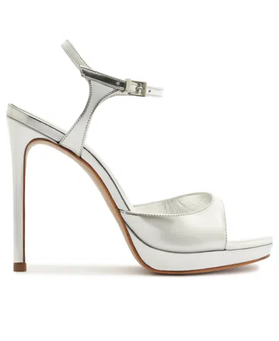 Schutz 115mm Scarlett Metallic Leather Platform Sandals In Silver