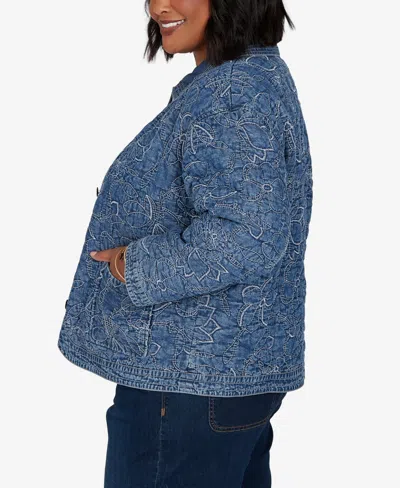 Ruby Rd. Plus Size Quilted Floral Denim Jacket In Blue