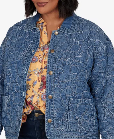 Ruby Rd. Plus Size Quilted Floral Denim Jacket In Blue