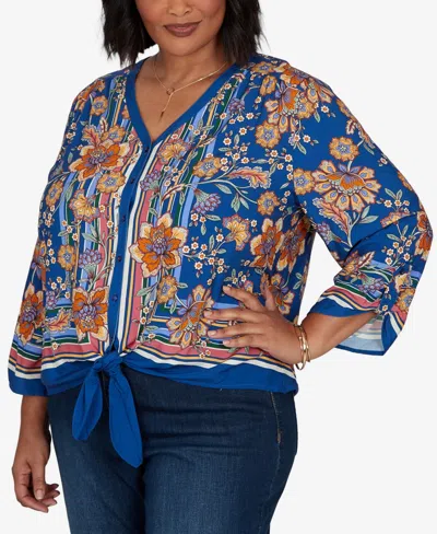 Ruby Rd. Plus Size Floral Vines Tied Button Front Blouse In Cobolt Multi