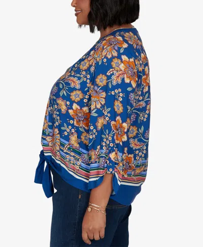 Ruby Rd. Plus Size Floral Vines Tied Button Front Blouse In Cobolt Multi