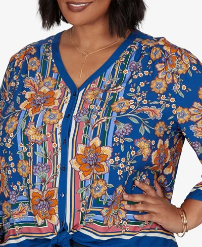 Ruby Rd. Plus Size Floral Vines Tied Button Front Blouse In Cobolt Multi