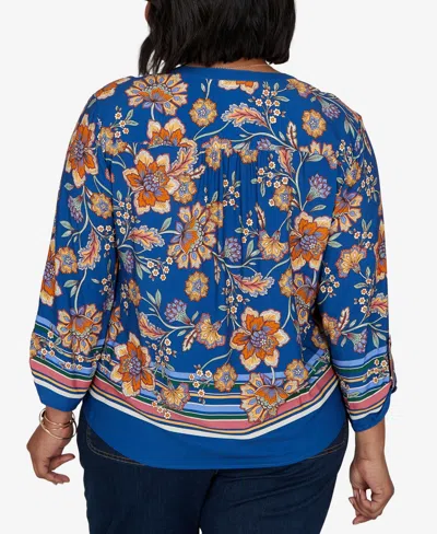 Ruby Rd. Plus Size Floral Vines Tied Button Front Blouse In Cobolt Multi