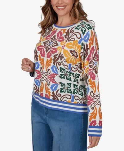 Ruby Rd. Plus Size Tipped Floral Lightweight Sweater In Ivory Multi