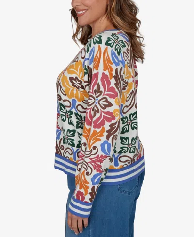 Ruby Rd. Plus Size Tipped Floral Lightweight Sweater In Ivory Multi