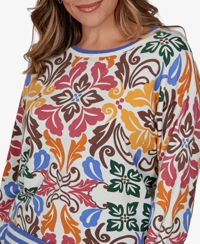 Ruby Rd. Plus Size Tipped Floral Lightweight Sweater In Ivory Multi