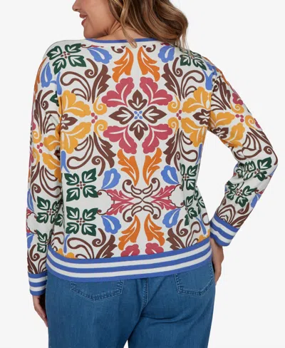 Ruby Rd. Plus Size Tipped Floral Lightweight Sweater In Ivory Multi