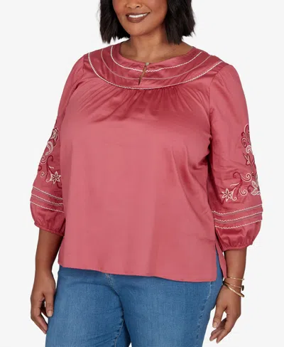 Ruby Rd. Plus Size Embroidered Sleeve Voile Top In Rose